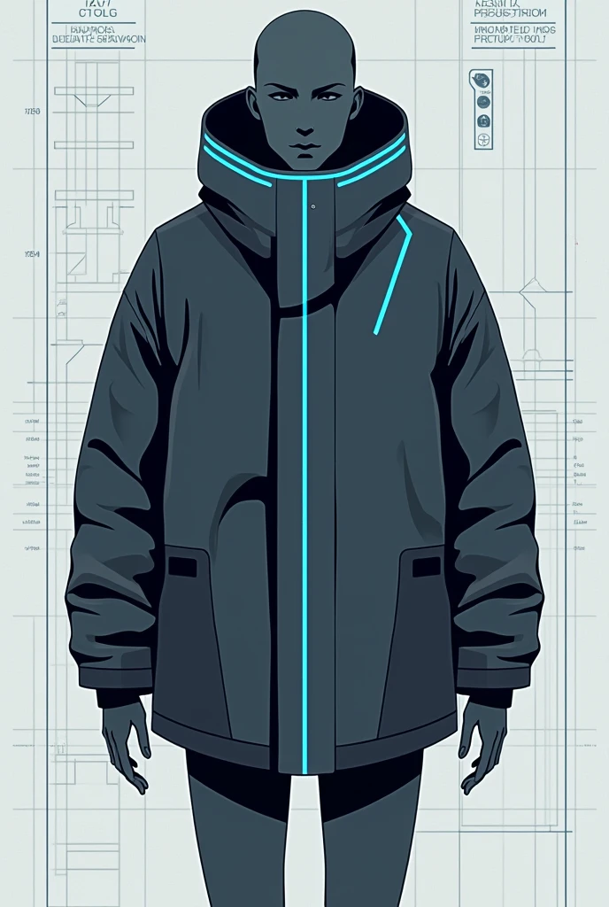 Illustrate a futuristic jacket in a clean, technical style. The jacket should be primarily dark grey, making up 75% of the design, with 15% light blue and 10% black accents. The collar should be high and wide, featuring light blue stripes. Present the jacket from the front and back views, with a flat, schematic look using a grid background. The style should emphasize geometric patterns and straight lines, giving it a blueprint-like appearance, suitable for a technical fashion drawing