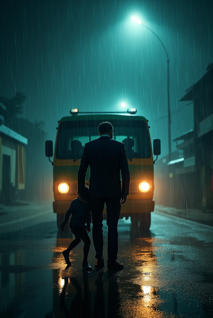 cinematic, photorealistic film poster of a man in suit , fulling drenched in rain, trying to push a van from behind, a  trying to stop him by latching unto his legs, late night, foggy weather, monsoon, kalimpong outskirts 