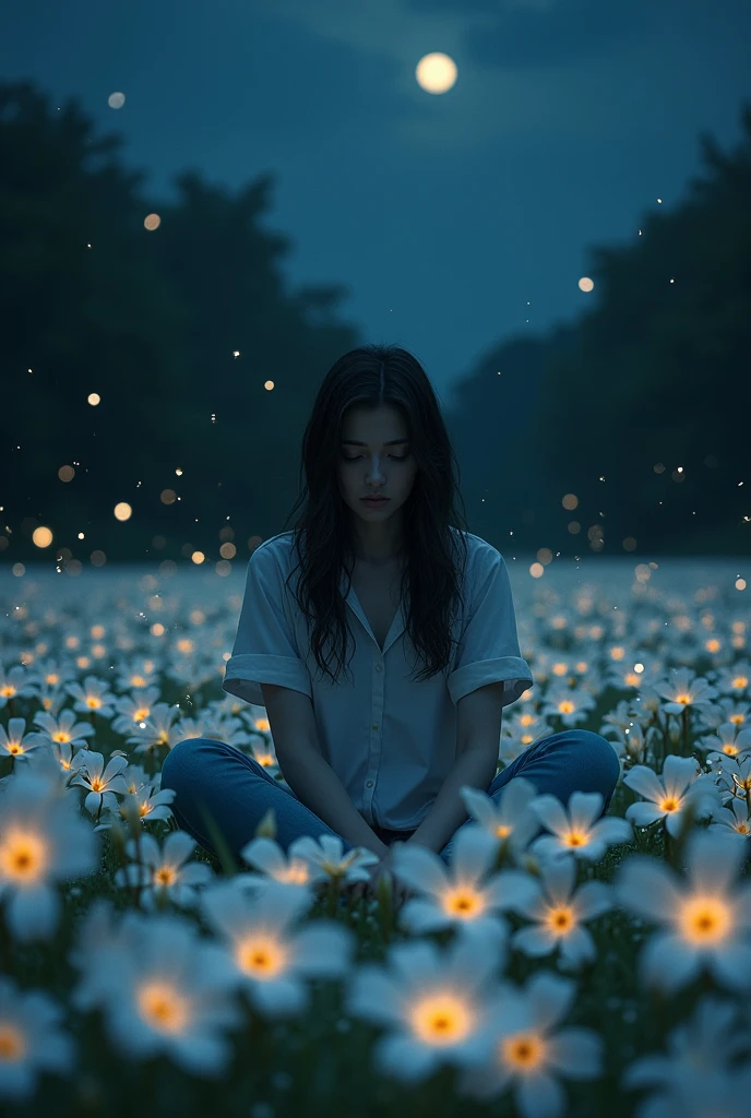 sad woman siting in the middle of white plumeria field during the night, fireflies