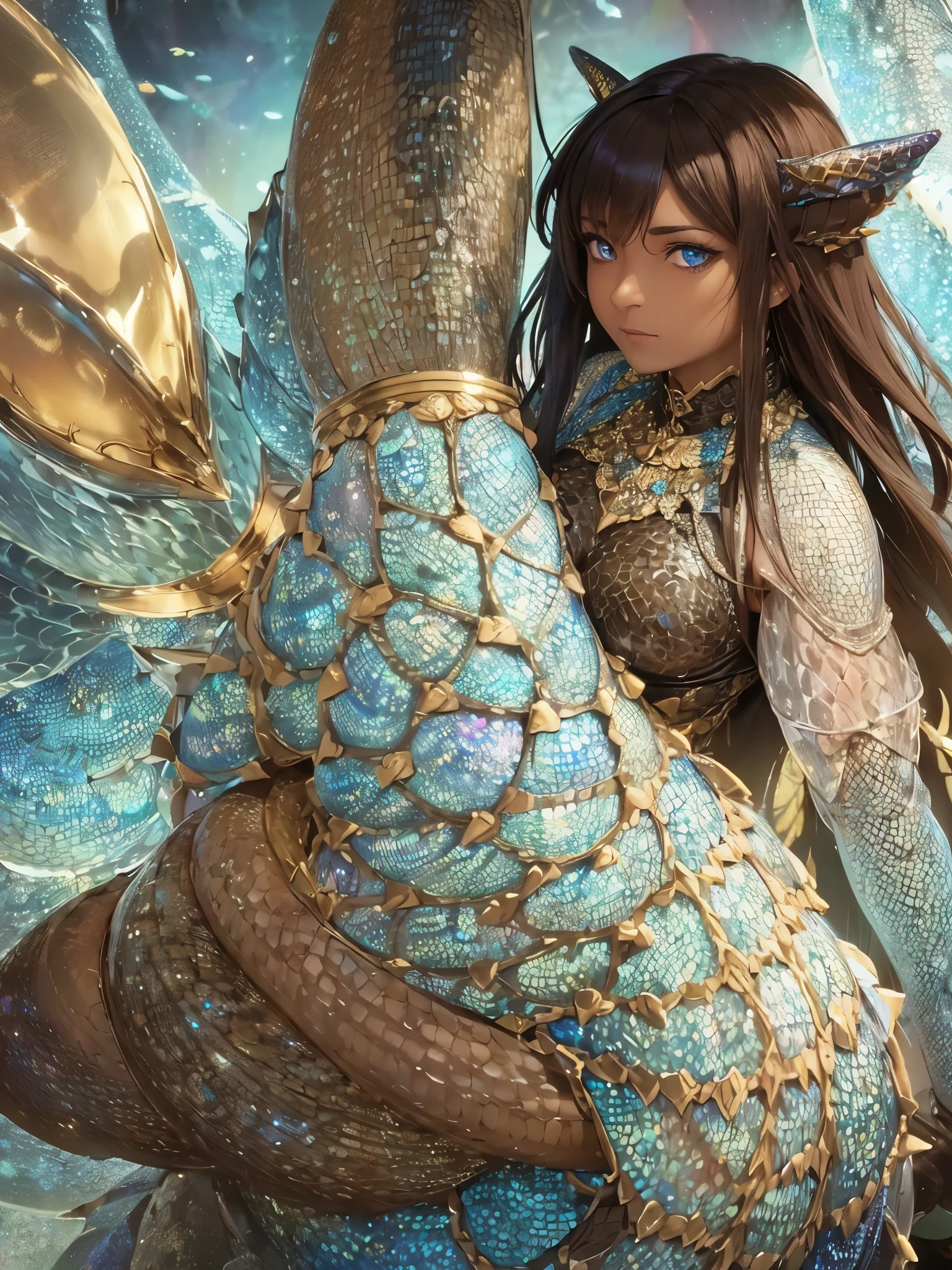 Fantasy, Wizard, (One Woman:1.5), (Wearing scales on your arms:1.8), (horn:1,2), (Brown skin:1.5), Black Hair,