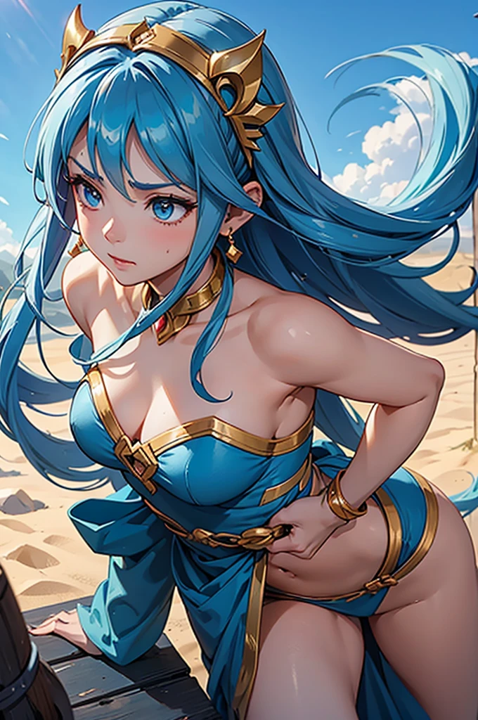 Azura is a genie of unrivaled power, but her quick temper is equally renowned. With a mere snap of her fingers, she can grant wishes beyond imagination. However, one must tread lightly around her, for Azura's patience is as fleeting as a desert breeze. Those who summon her know to make their desires known swiftly, lest they face the wrath of a genie with a temper as fiery as her magic.