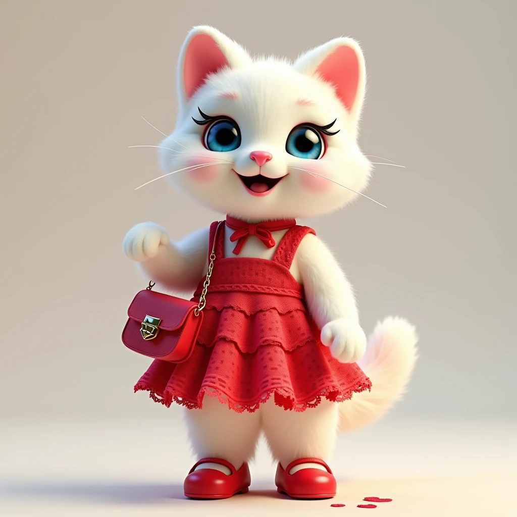a high resolution, high detail, and the best quality 12k,plush cat, White wool, like a stoat, Stands on its hind legs, in a red lace dress, red shoes, red bag, blue doll eyes with big eyelashes, smiles with open mouth, speaks, moves his paws, spreading out the sides, 3D стиль, 8k , 4K, HD, clean background, style, I guess, I always have cute cats and kittens, animals