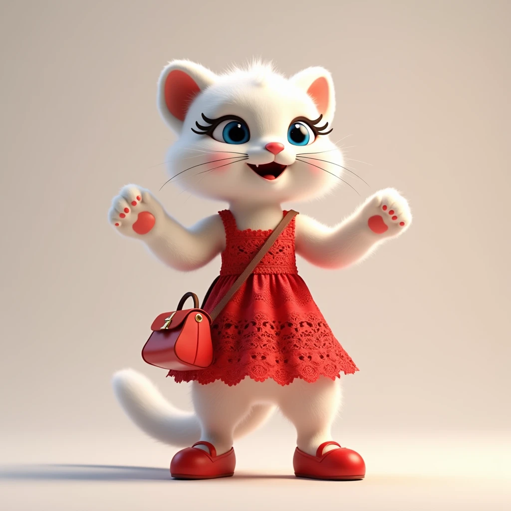   a high resolution, high detail, and the best quality 12k,plush cat, White wool, like a stoat, Stands on its hind legs, in a red lace dress, red shoes, red bag, blue doll eyes with big eyelashes, smiles with open mouth, speaks, moves his paws, spreading out the sides, 3D стиль, 8k , 4K, HD, clean background, style, I guess, I always have cute cats and kittens, animals