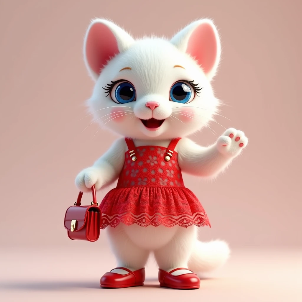 a high resolution, high detail, and the best quality 12k,plush cat, White wool, like a stoat, Stands on its hind legs, in a red lace dress, red shoes, red bag, blue doll eyes with big eyelashes, smiles with open mouth, speaks, moves his paws, spreading out the sides, 3D стиль, 8k , 4K, HD, clean background, style, I guess, I always have cute cats and kittens, animals