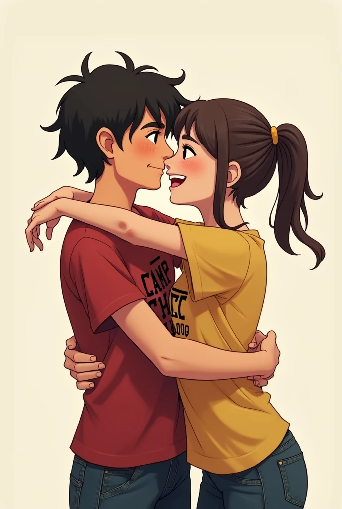 Annabeth and Percy from the book Percy Jackson hugging and happy wearing the Camp Half-Blood t-shirt without being cute 