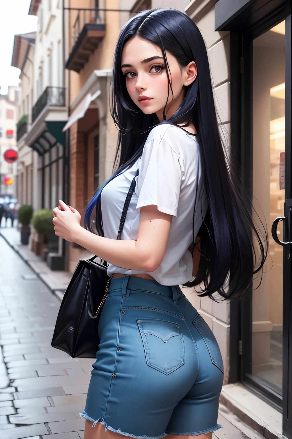2 European girl. She is trendy. With long dark blue hair.