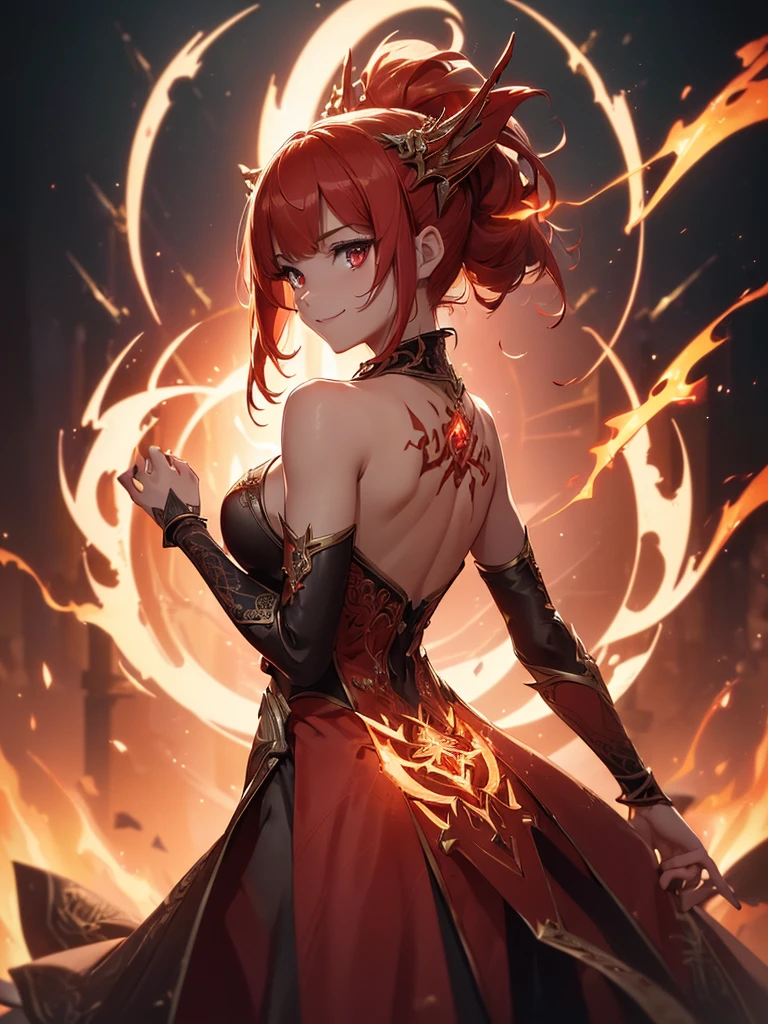 (((best quality, sharp image, clear image, cinematic lighting, 8k resolution, masterpiece, ultra detailed, intricate))) Girl, sorcerer, cute, intricate dress, smiling, fiery red, ((intricate background)), (rune frame), dimension, ((shot from behind)), fire sigils, chaotic background, ((half-body shot))