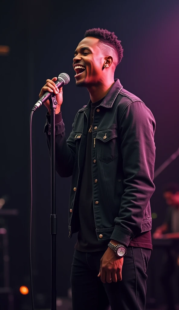 Jeune beau noir artiste musicien de 22 ans , une coiffure tapers dégradé, le micro de face et qui chante avec un rythme captivant et passionnant