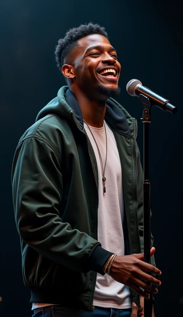 Jeune beau noir artiste musicien de 22 ans , une coiffure tapers dégradé, le micro de face et qui  chante avec un rythme captivant et passionnant 