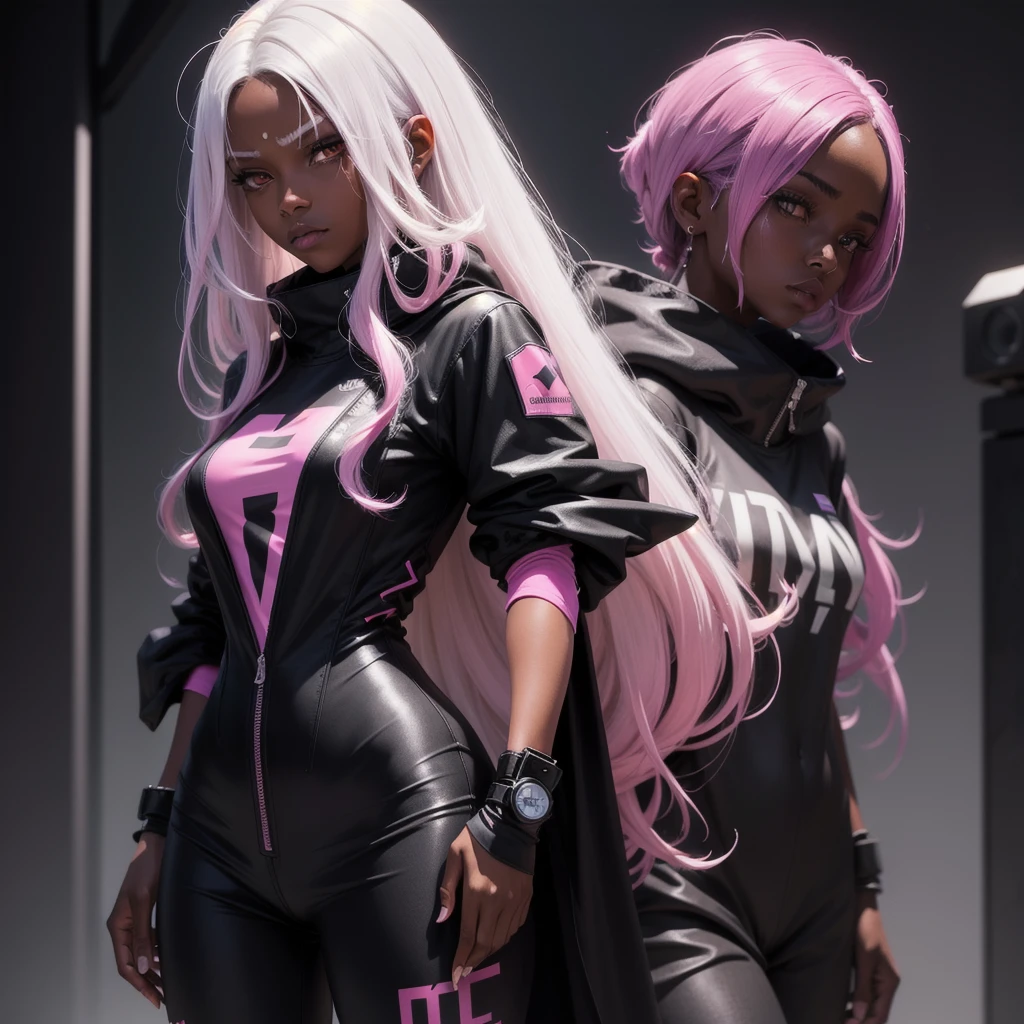 Woman with dark skin, straight hair, dark skin, white eyes, wears a black jumpsuit with pink, wears a dark pink cape, Cyberpunk style1 , Olhando para o espectador, Fundo simples,