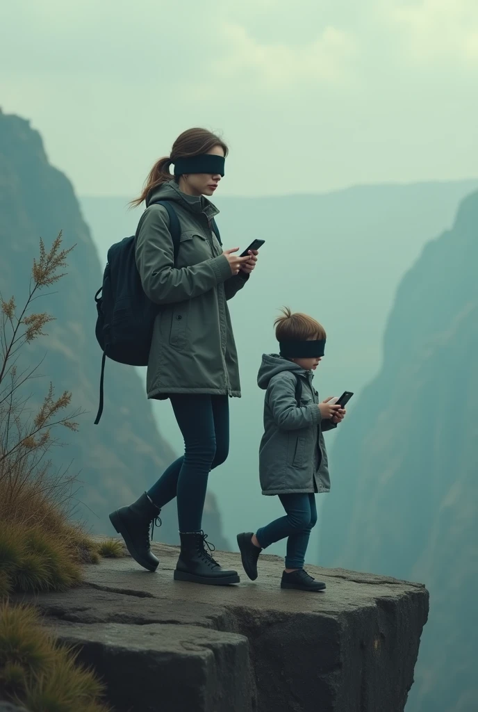 in detail, a contemporary woman with a smartphone in her hand and a child also with a smartphone in his hands, both, They have their eyes completely covered with a blindfold and are walking on the edge of a terrible precipice.. Their blindfolded faces must be quite obvious.. It's a sad scene.