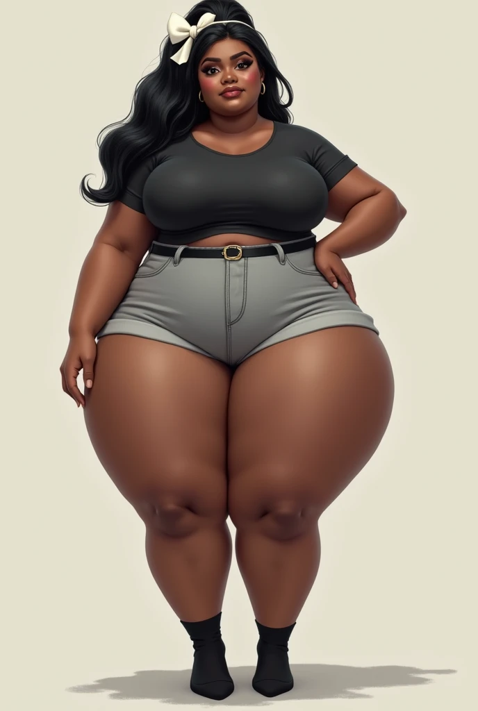 Female, Brown skin, black eyes, black long hair, has extremely gigantic ass, extremely curvy, extremely Wide hips. extremely gigantic buttocks, thighs are extremely meaty and hyper thick, wears black and gray T shirt, black belt, gray jeans, and black socks and a white bow on the back of the hair
