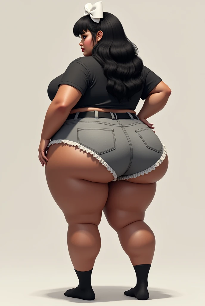 Female, Brown skin, black eyes, black long hair, has extremely gigantic ass, extremely curvy, extremely Wide hips. extremely gigantic buttocks, thighs are extremely meaty and hyper thick, wears black and gray T shirt, black belt, gray jeans, and black socks and a white bow on the back of the hair