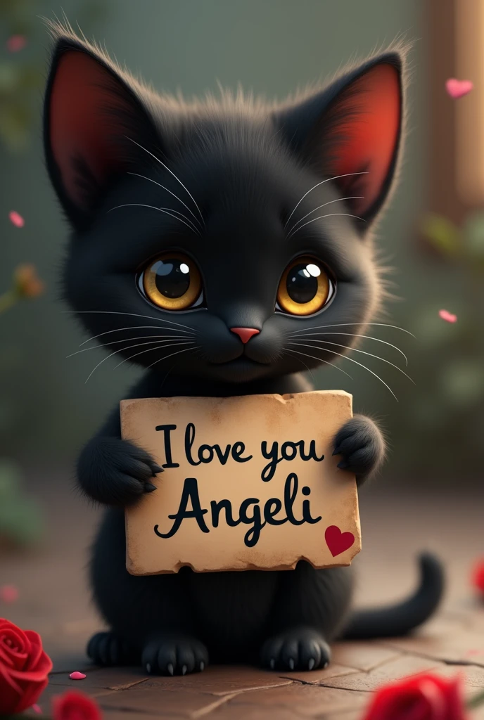 A  black cat with a sign that says I love you Anggeli. In English and in the background you can see a beautiful black rose . he. Color of the rose is black and angeli is with 2 g