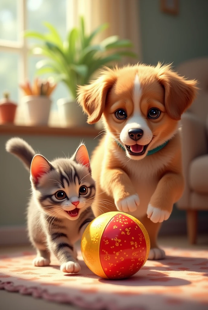 A cat and a dog with a red and yellow ball 
