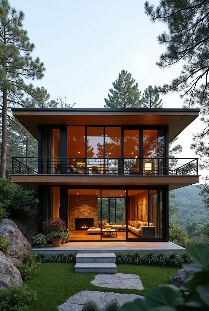 A not so formal but elegant 2 story cabin with lots of glass, a balcony plus front view
