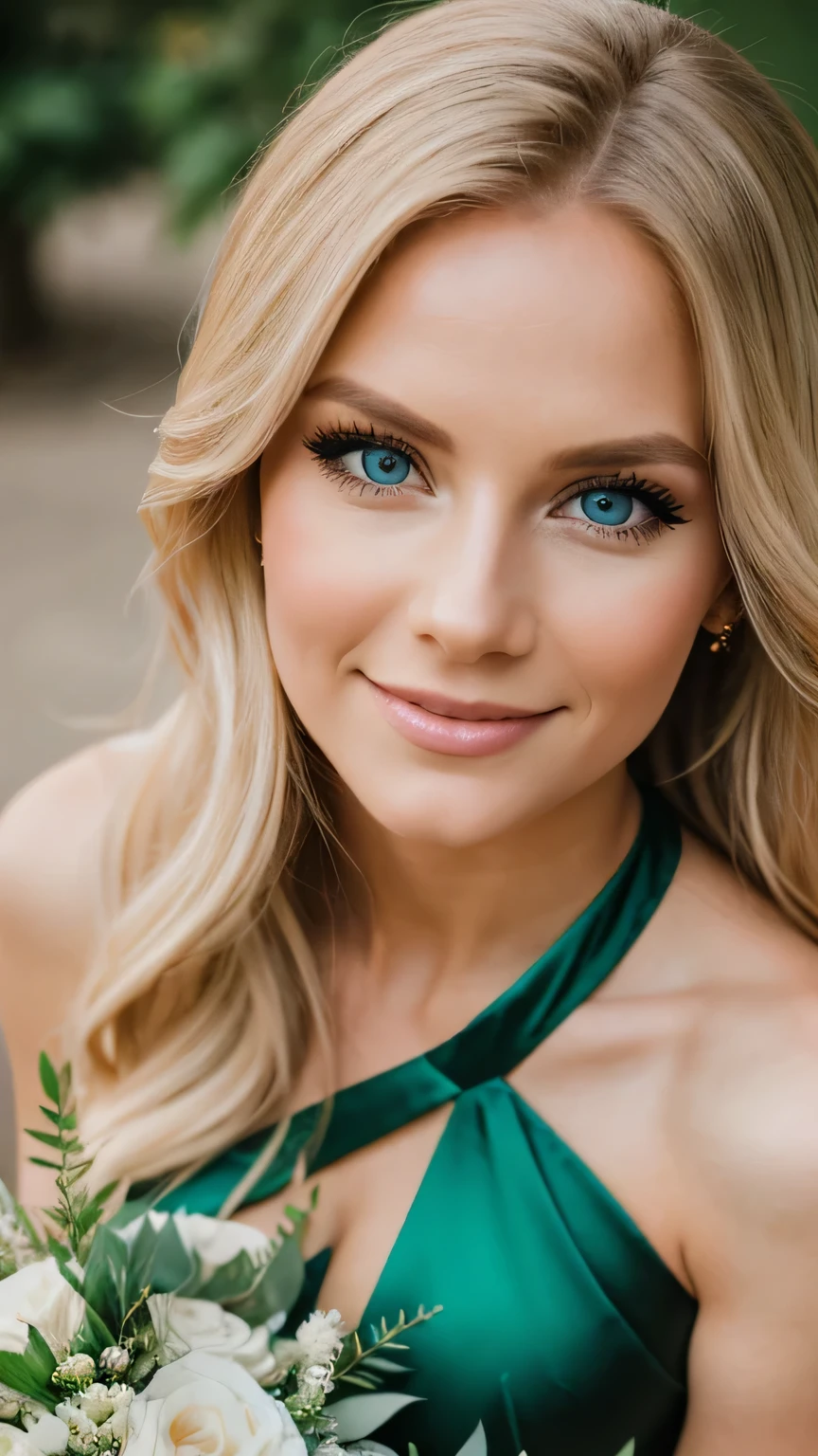 Realistic photo of the upper body of a smiling woman, beautiful blonde woman with long hair, She dances in front of the camera in a long green A-line bridesmaid dress with shiny satin straps. Beauty Destails in the Fabric, Park,glamour fotoshooting, Wedding celebration, perfect anatomy, perfect blue eyes. Perfect hands with 5 fingers on each hand, Suitable woman , looking at the camera, 1 Frau. (Eye make up:1.1), (highly detailed skin:1.1), spirit, analog style, keen focus, 8K UHD, dslr, good quality, Fujifilm XT3, Grain, Award-winning, masterpiece. Wedding celebration