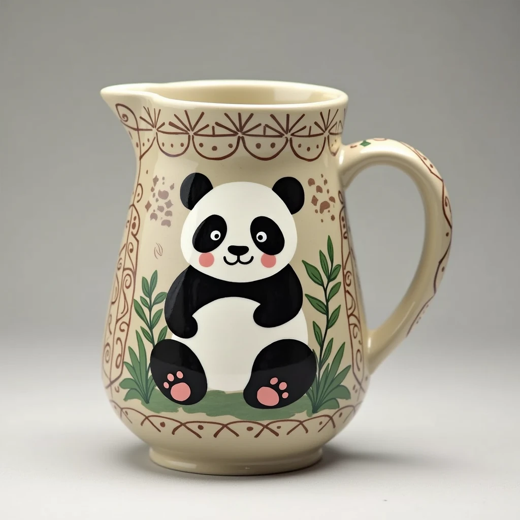 High quality ceramic drinking jug, the surface is inspired by the totem to design a flat cute panda illustration, covered with a lovely and novel wonderful artwork