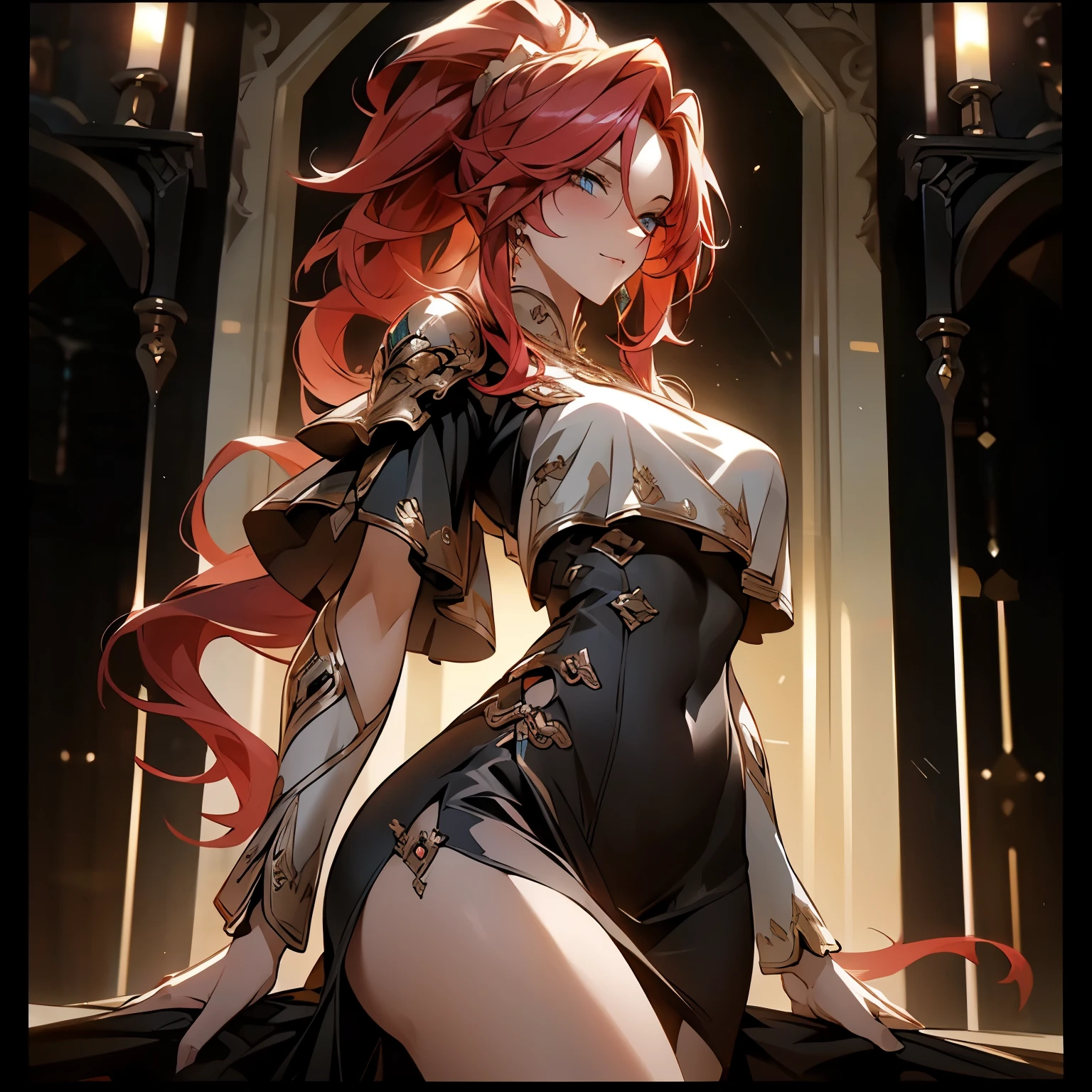 (best quality)), ((Masterpiece)), (details:1.4), 3d, HDR (high dynamic range), an image of a beautiful cyberpunk female, fantasy, medieval, cyberpunk, red hair, high ponytail, hips up, Beautiful White eyes, จมูกโด่ง, ปากแดง, หน้าอกใหญ่, nvidia RTX, PBR surface, After processing, Anisotropic filtration,depth of field, Maximum clarity and clarity, multi-layered surface, Subsurface scattering, perfect proportions, 8K raw files, ultra detailed, Perfect proportions, volumetric lighting, soft lighting, Holy Paldin, Heavy Golden Armor, white dress, intricate Silver embroidery, glossy skin, Castle Background, jewely, ต่างหู, mini black skirt, blackglove, long-sleeved golden dress,