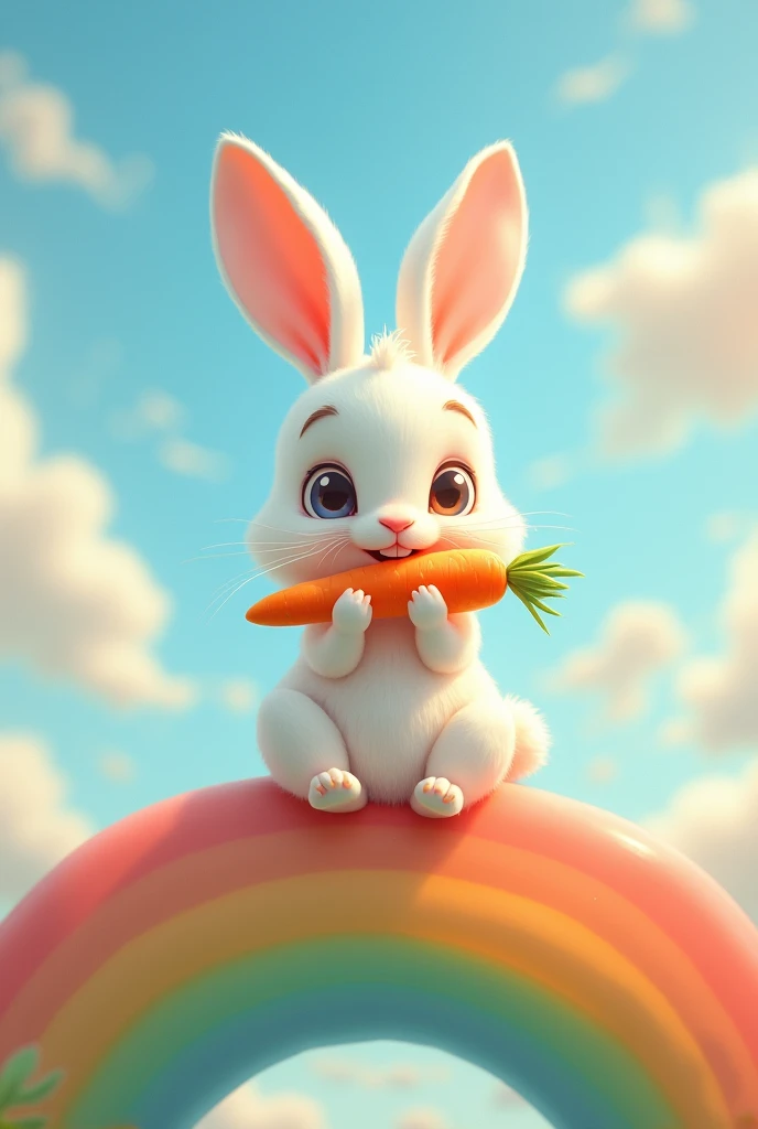 Animated white rabbit whit lightbrown dots sitting on a rainbow eating a carrot