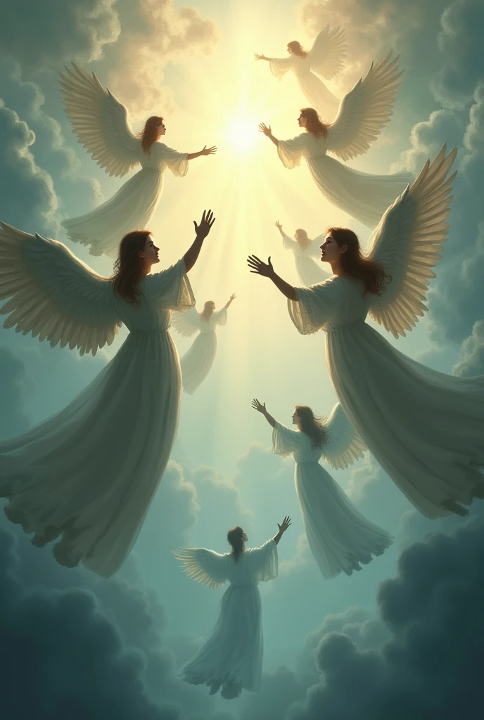 A mystical scene with multiple angels ascending towards a bright celestial light in the heavens. The angels have large, majestic wings and are depicted in various poses of flight, with some extending their arms towards the light. The atmosphere is ethereal, with a soft glow surrounding the figures and the background, giving the impression of a divine, otherworldly realm.