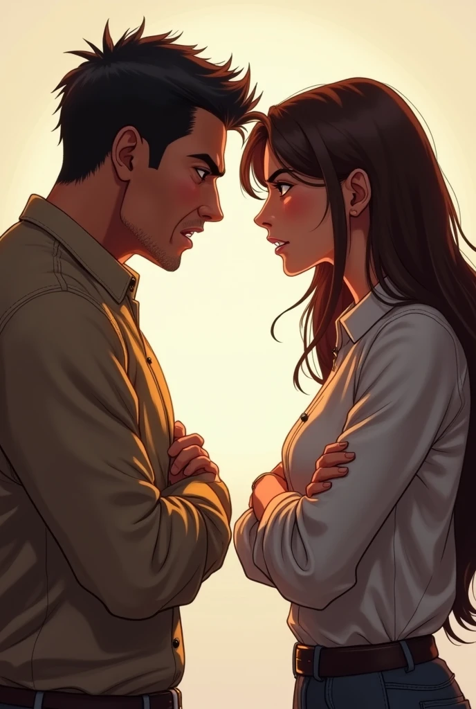 Two beautiful couples staring at eachother angrily
The man is taller than her
They are angrily staring at eachother and the girl is folding her hands