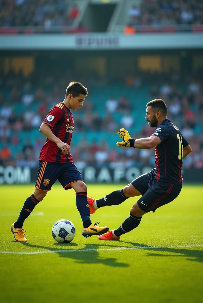 boy taking a penalty and the ball is in the corner of the goal and the goalkeeper is on the other side, UHD