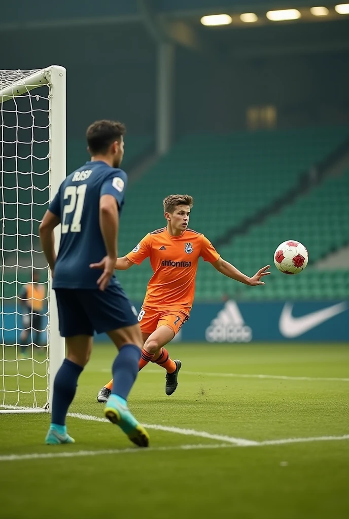 boy taking a penalty and the ball is in the corner of the goal and the goalkeeper is on the other side, UHD