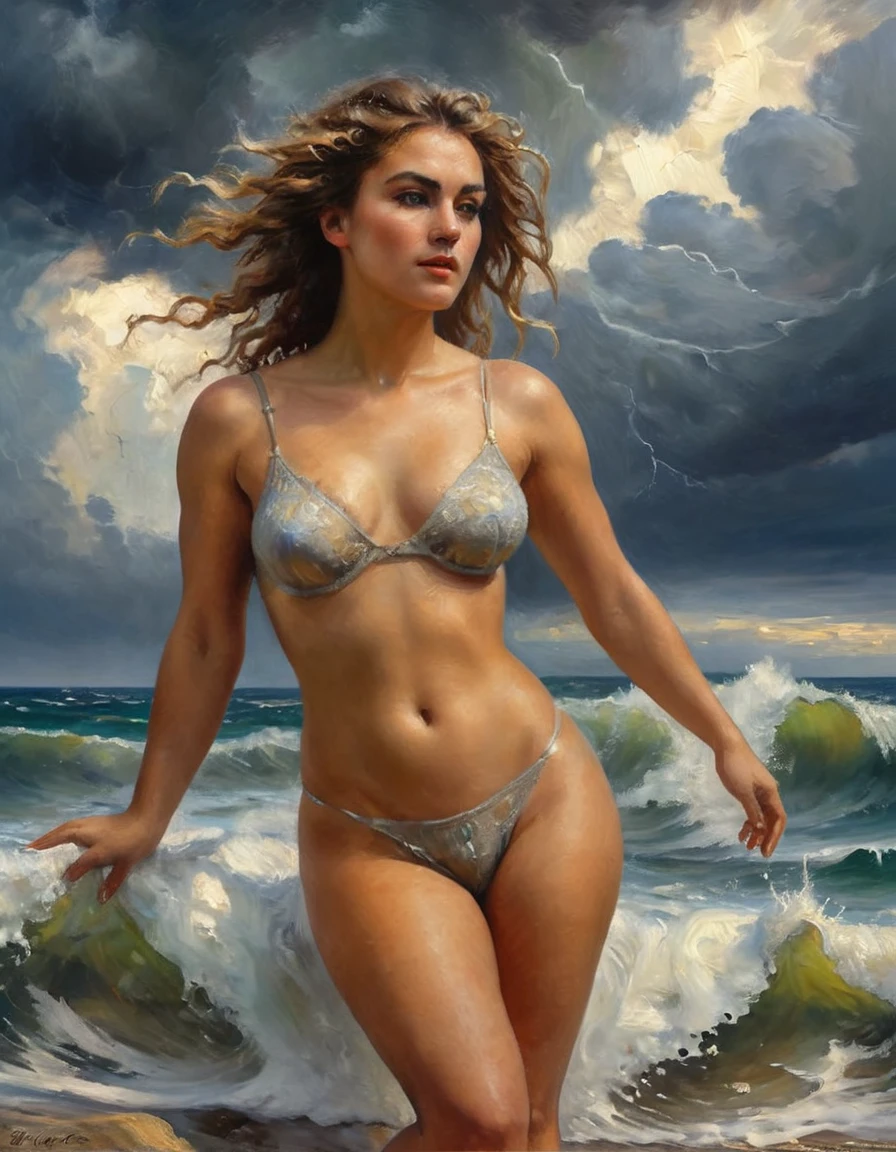 Oil paints,acrycle painting,masterpiece,Renaissance style,(Masterpiece, Top quality, Best quality, offcial art, Beautiful and aesthetic:1.2), close view of full body nude young belgian woman, in erotic pose , hairy intimate hairstyle pubic , background ocean waves with foam, thunderclouds, lightnings