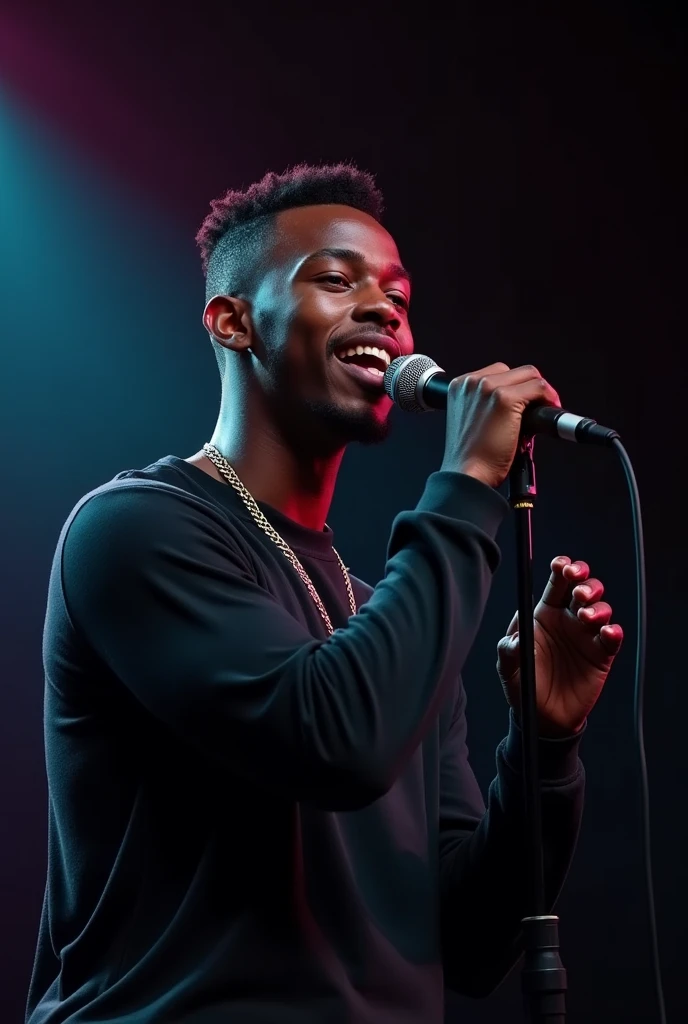 Jeune beau noir artiste musicien de 22 ans , une coiffure tapers dégradé, le micro de face et qui chante avec un rythme captivant et passionnant