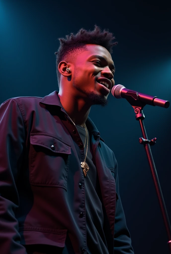 Jeune beau noir artiste musicien de 22 ans , une coiffure tapers dégradé, le micro de face et qui chante avec un rythme captivant et passionnant