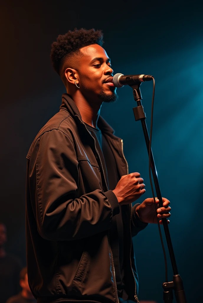 Jeune beau noir artiste musicien de 22 ans , une coiffure tapers dégradé, le micro de face et qui chante avec un rythme captivant et passionnant