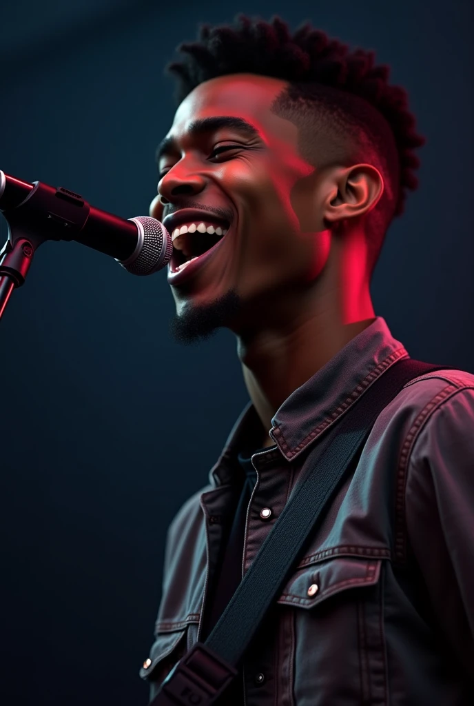 Jeune beau noir artiste musicien de 22 ans , une coiffure tapers dégradé, le micro de face et qui chante avec un rythme captivant et passionnant