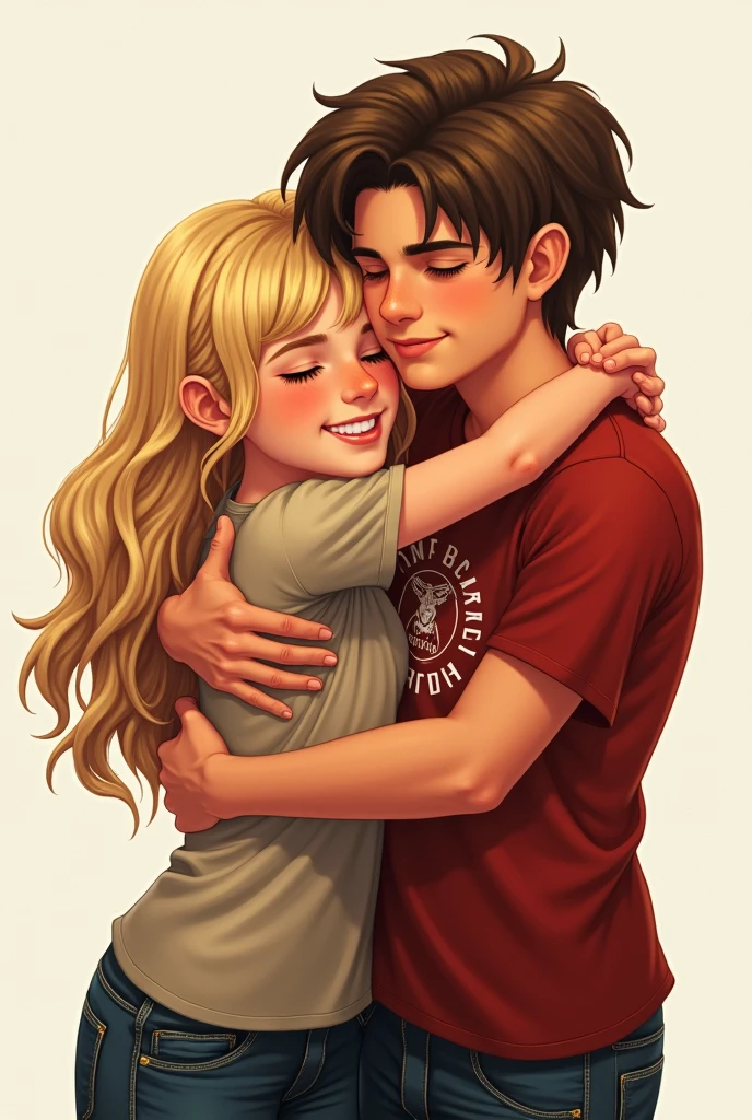 Blonde Annabeth with wavy hair and Percy from the book Percy Jackson hugging and happy wearing the Camp Half-Blood t-shirt without being cute