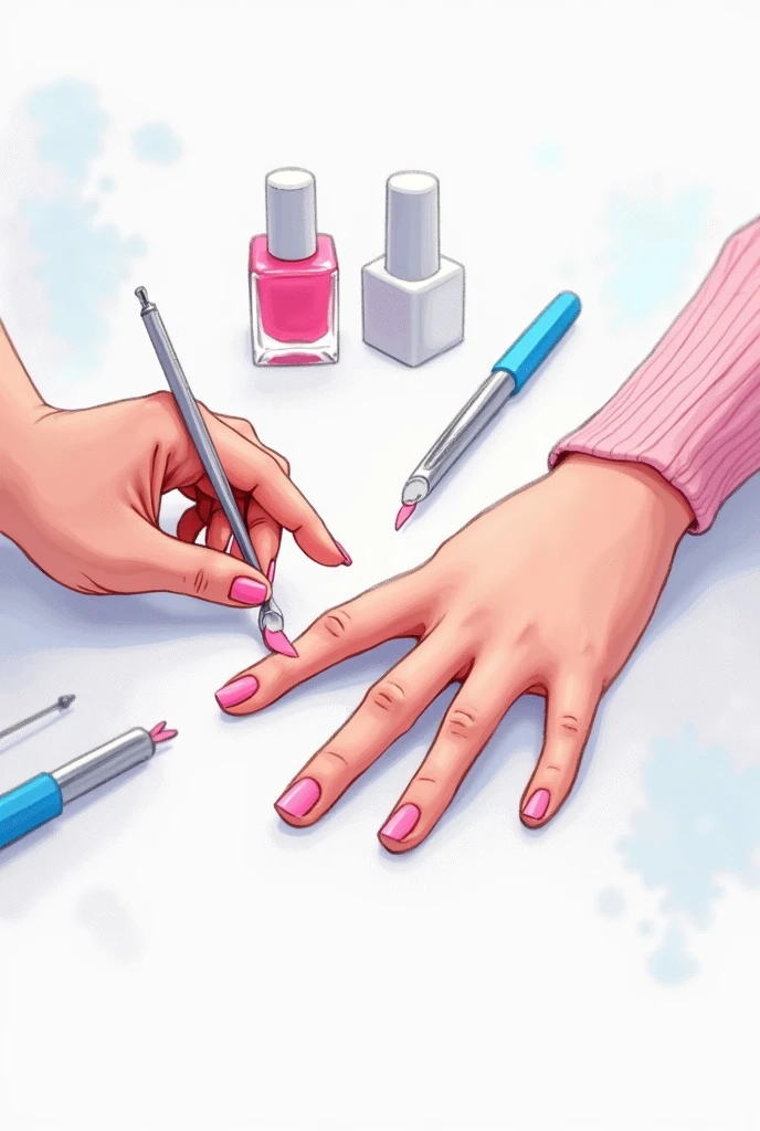 HAND OF A PERSON AND HAND OF A MANICURIST FIXING NAILS ANIMATED DRAWING WITH PINK AND BLUE COLORS AND IN WHICH THE MANICURE TOOLS CAN BE SEEN