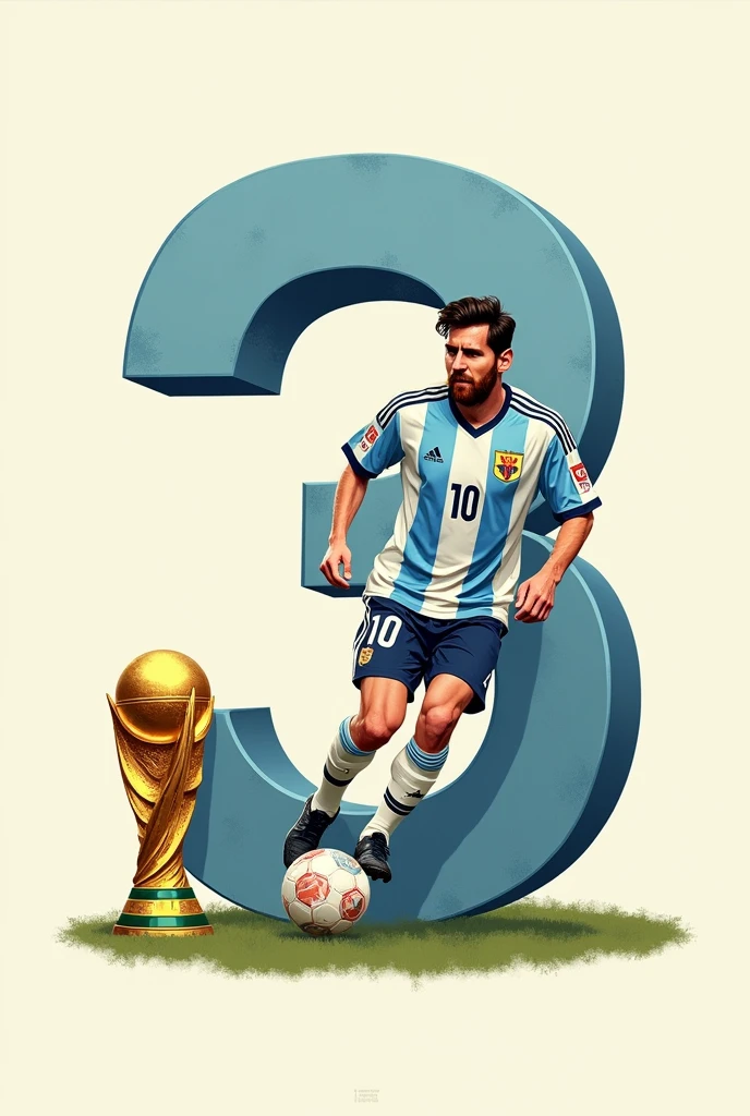 An illustration of a Number 3 with Lionel Messi inside with the Argentine shirt and the number 10 with the World Cup and that Messi does not go beyond the limits of the number 3
