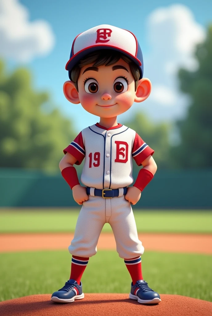 A boy baseball player, with white and red and blue uniform