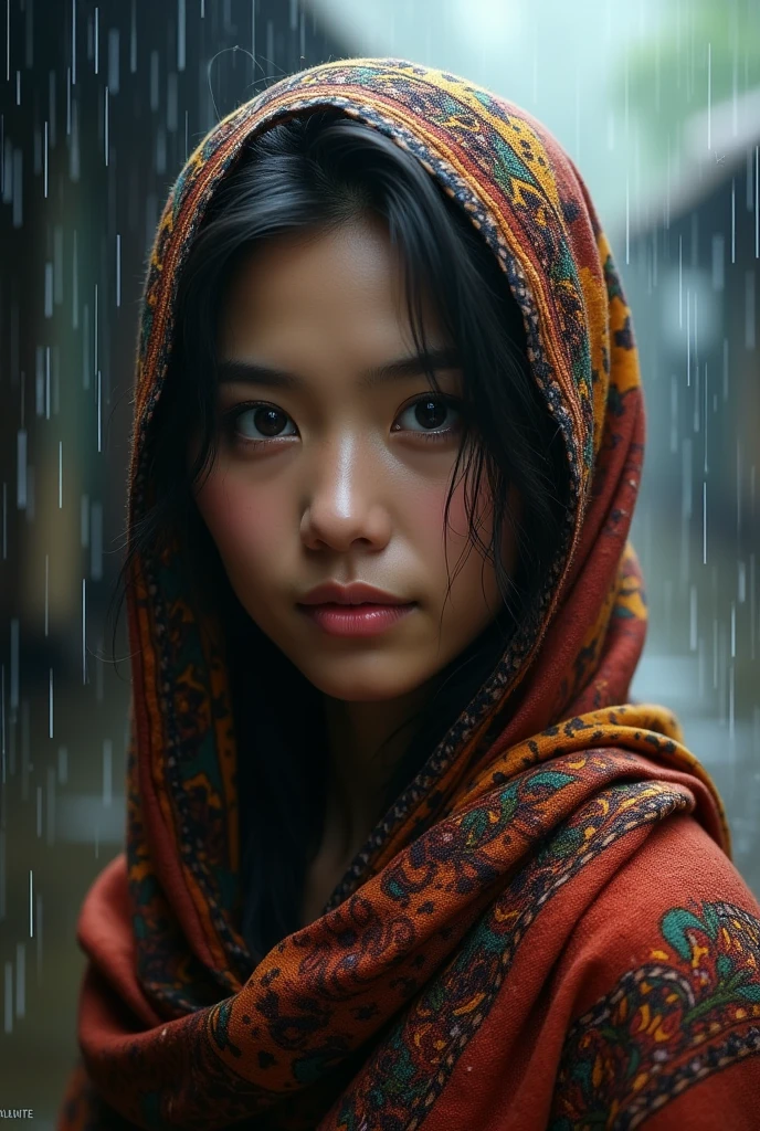 a Indonesian woman wearing a scarf in the rain, a photorealistic painting, cgsociety contest winner, fantasy art, portrait of bedouin d&d, portrait ninja gaiden girl, 8k highly detailed face, highly detailed vfx portrait of, detailed unblurred face, kerem beyit, cinematic 8k uhd, alena aenami and android jones
