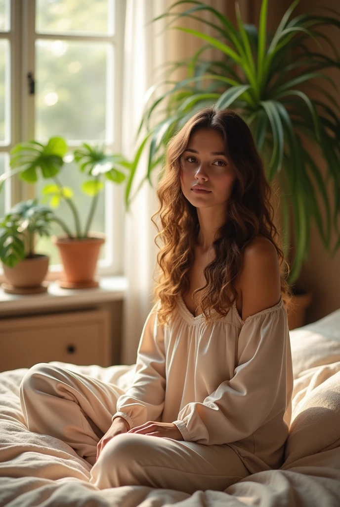 (photorealism:1.2), beautiful woman, sitting on bed, wearing loose off-shoulder top, pajama pants, long curly hair, indoors, soft lighting, plants in background, window with sunlight, cozy room, relaxed pose, realistic, intricate details, warm colors, farting, anime