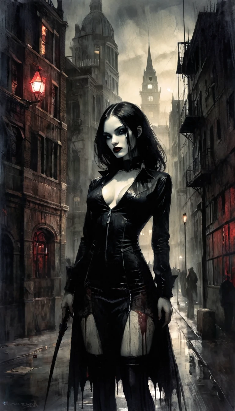 sexy vampire girl in the city ​​of blood, gloomy buildings, blood canals, eroticism, sexy, black and white image, between shadows, oil painting, chiaroscuro, sensual, dramatic lighting, moody atmosphere, photorealistic, intricate details, masterpiece, ultra-detailed, high quality, 8k, best quality, realistic, cinematic, dark and brooding, expressionistic, powerful composition, emotional impact, art inspired by Bill Sienkiewicz and Dave McKean
