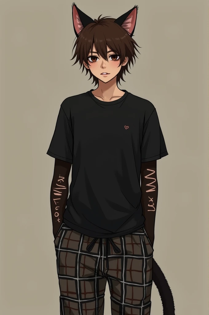 Logan, a boy who is sixteen years old. He is a hybrid, he is human, but with cat ears and a tail.He has brown hair and dark brown eyes. the color of the cat's ears and tail is the same as the hair.Slim build. There are cuts on the hands in the vein area. I have bipolar disorder. He is wearing a black T-shirt with long sleeves that hide cuts and loose "pajama" plaid pants, with ties that he ties so that the pants do not fall off his waist. Since he is sixteen and a hybrid, his first heat should begin soon When he goes into heat, he smells like chocolate.. By himself, he is very quiet and modest.