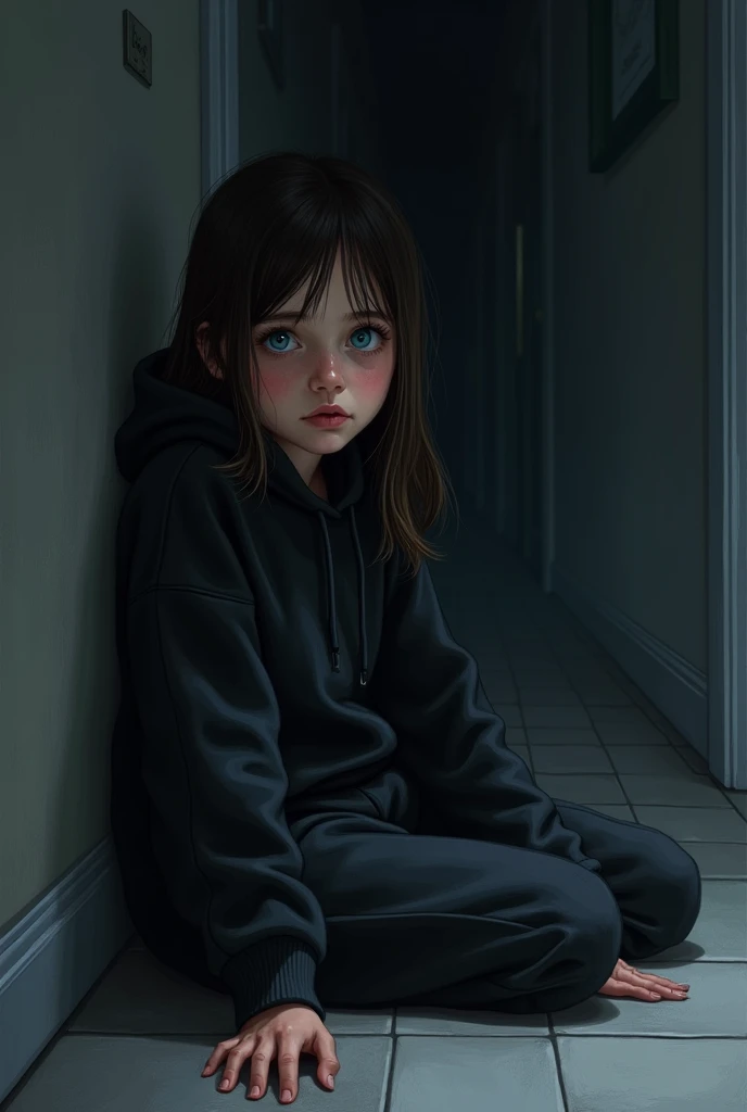 Realistic drawing of an 1 girl, long dark brown hair, blue eyes, with a big black sweatshirt, lying on the floor of her house leaning against the wall with a frightened expression, dark at night