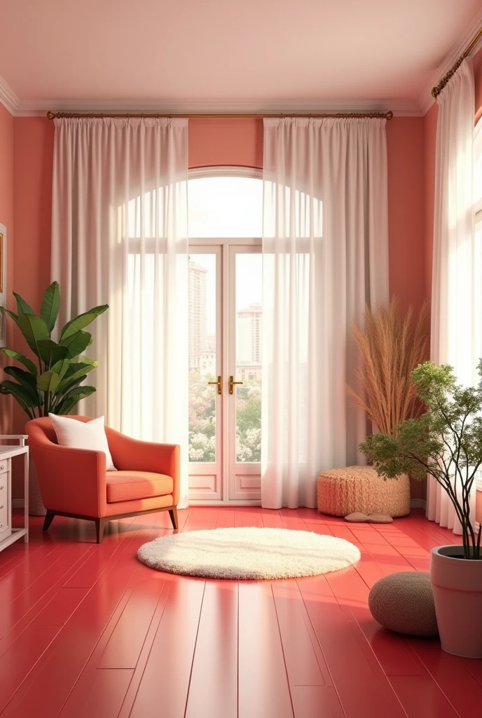 Room with red floor, windows with white curtains and white ceiling