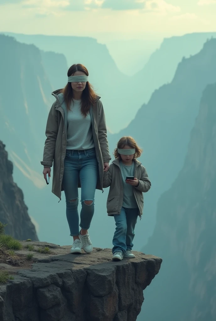 in detail, a contemporary woman with a smartphone in her hand and a child also with a smartphone in his hands, both, They have their eyes completely covered with a blindfold and are walking on the edge of a terrible precipice.. Their blindfolded faces must be quite obvious.. It's a sad scene, detailed, Dramatic, detailed.