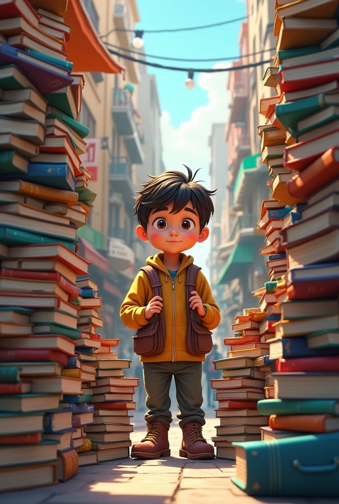 A child sells books, many books