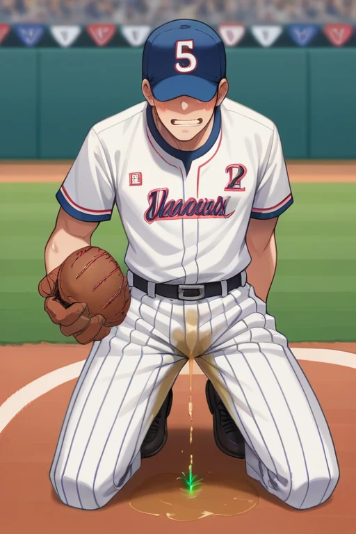 20 years old slender and mascular man in his baseball uniform is peeing himself when he is playing baseball. but he couldn't hold his pee. There's a large pee wet spot on his pants. Pee stain on his crotch.He wears a glove on his right hand. He looks ashamed of peeing himself. Anime