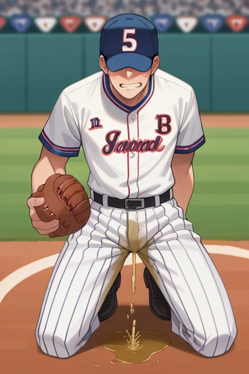 20 years old slender and mascular man in his baseball uniform is peeing himself when he is playing baseball. but he couldn't hold his pee. There's a large pee wet spot on his pants.  Pee stain on his crotch.He wears a glove on his right hand. He looks ashamed of peeing himself. Anime 
