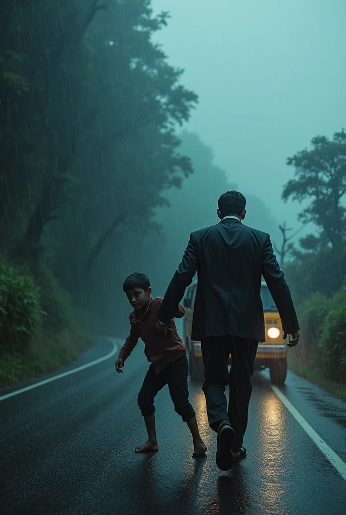 cinematic, photorealistic film poster of a man in suit , fully drenched in rain, pushing a van  to a cliff, a small boy trying to stop him by latching unto his legs, late night, foggy weather, monsoon, kalimpong outskirts 