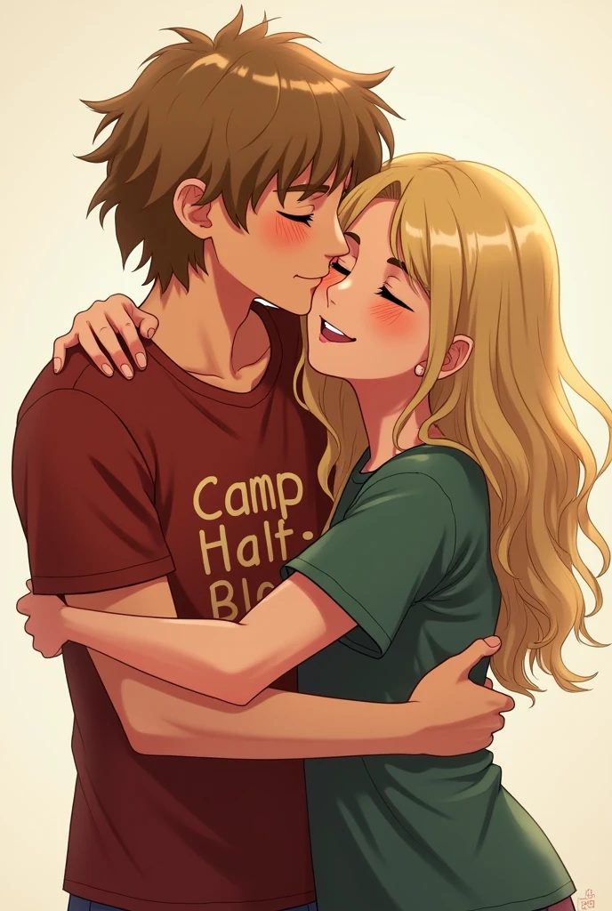 Blonde Annabeth with wavy hair and Percy from the book Percy Jackson hugging and happy wearing the Camp Half-Blood t-shirt without being cute