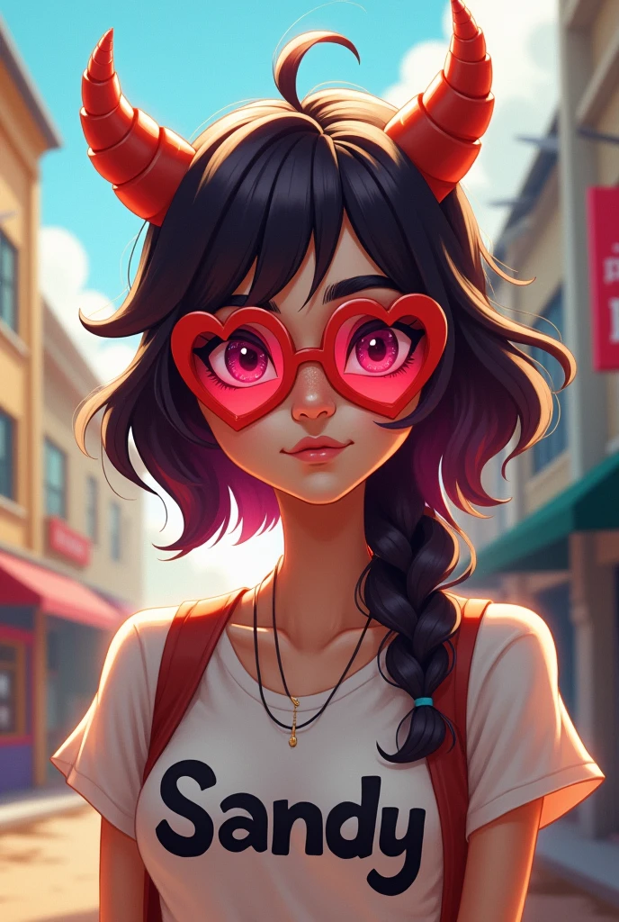 Free Fire female character with heart-shaped glasses, a horn in her hair and the name Sandy written on her shirt